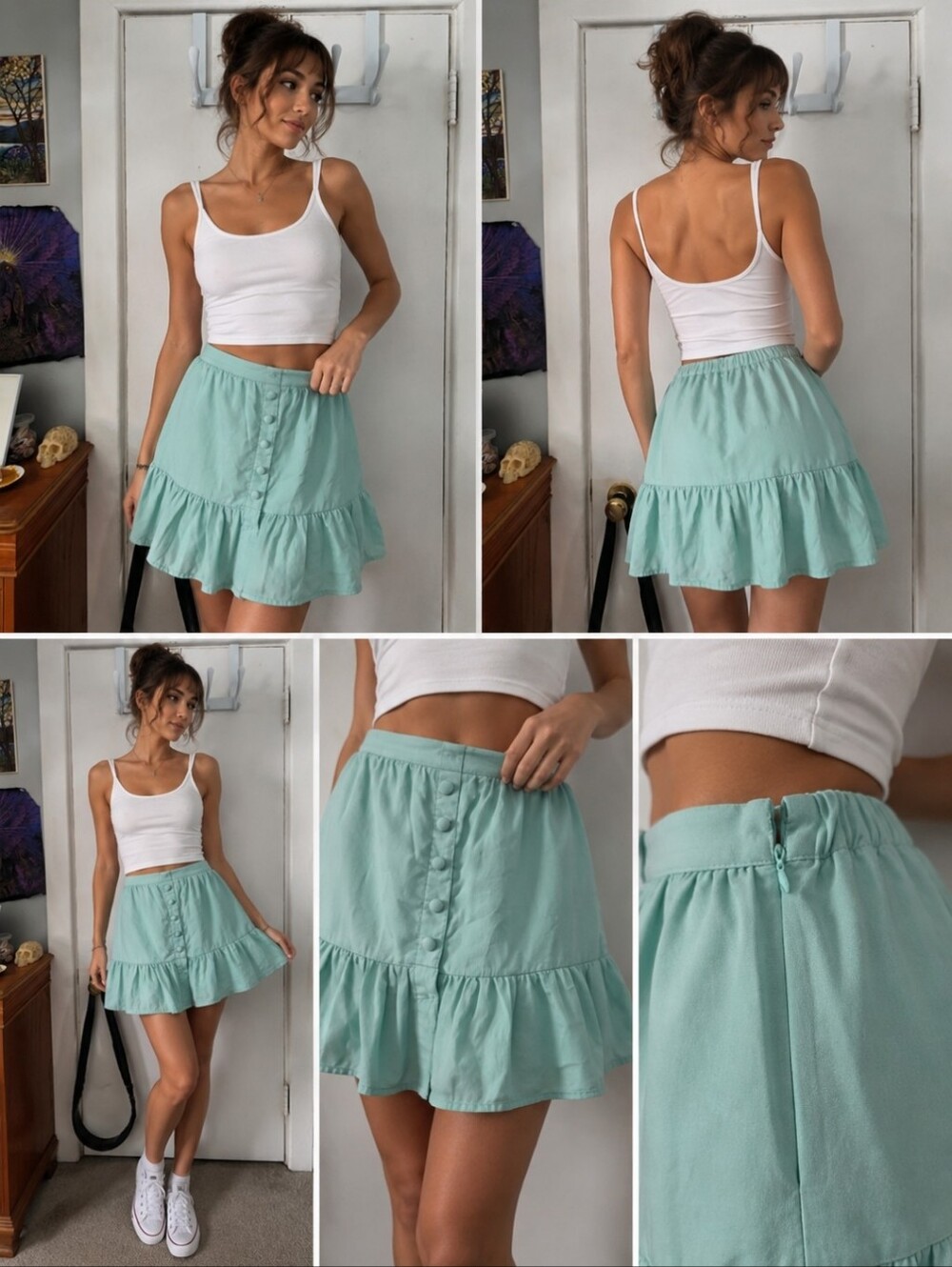 LOFTY MANNER Mint Green Button Front Zip-up Skirt